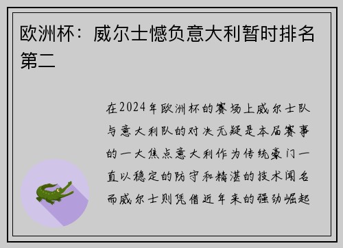 欧洲杯：威尔士憾负意大利暂时排名第二