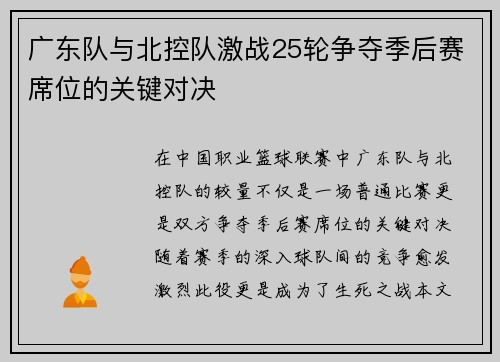 广东队与北控队激战25轮争夺季后赛席位的关键对决